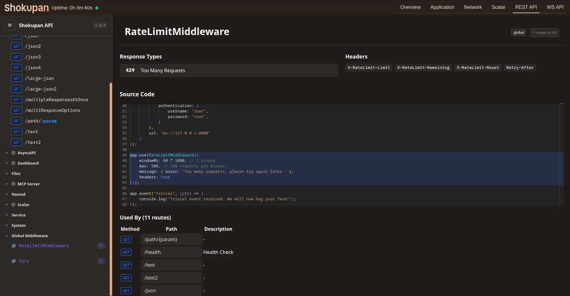 Screenshot showing API explorer middleware